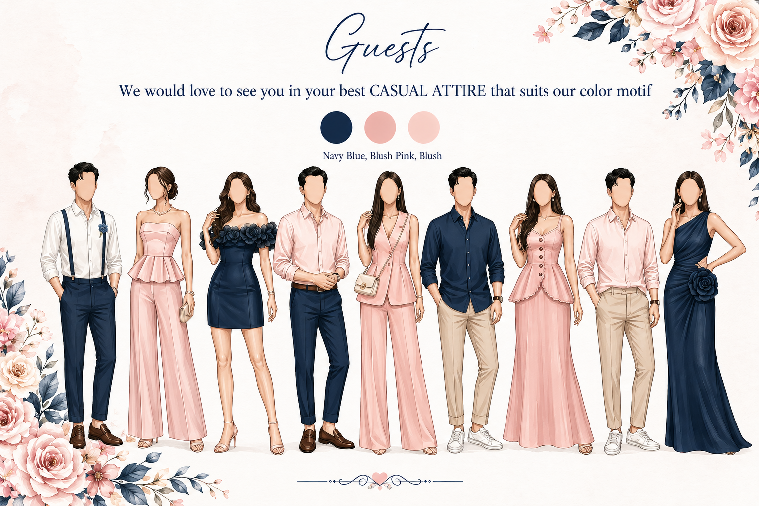 Guest casual attire guide in navy blue and blush pink color motif
